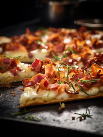 Typical Alsatian dish called Flammekueche or tarte flambÃ©e commonly known as the German Pizza nicely garnished.の素材
