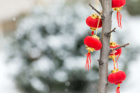 Chinese new year mini red lanterns decoration in the snow