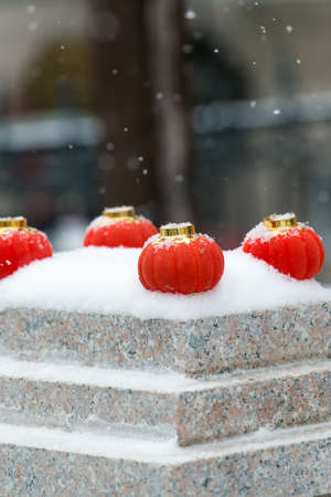 The red lanterns in the snowの写真素材
