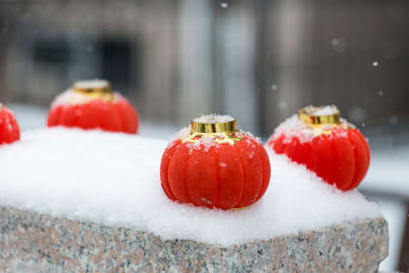 The red lanterns in the snowの写真素材