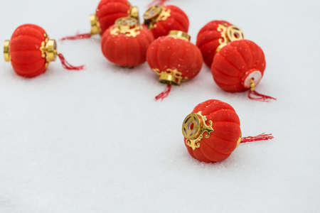 The red lanterns in the snowの写真素材