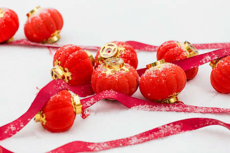 The red lanterns in the snowの写真素材