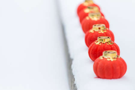 The red lanterns in the snowの写真素材