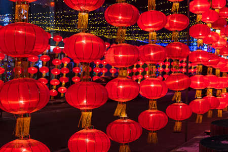 Red lanterns at nightの写真素材