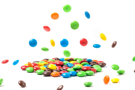 Chocolate candies floating on airの写真素材