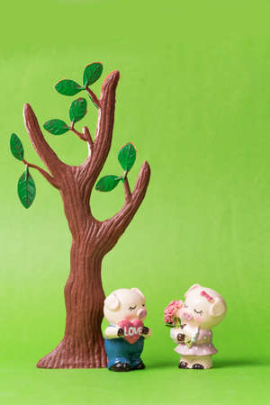 Two pig dolls in green background