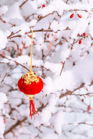 Red lantern in the snowの写真素材