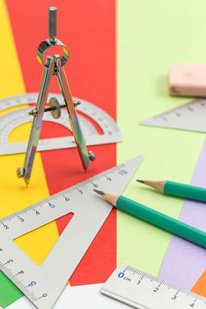 Student stationery such as pencils, erasers, rulers and compassesの写真素材