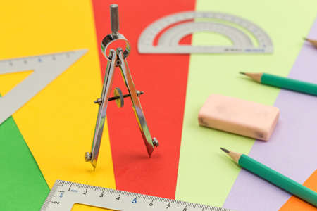 Student stationery such as pencils, erasers, rulers and compassesの写真素材