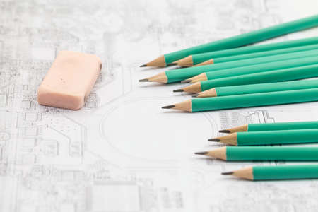 Student stationery such as pencils, erasers, rulers and compassesの写真素材