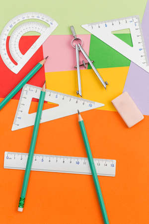 Student stationery such as pencils, erasers, rulers and compasses