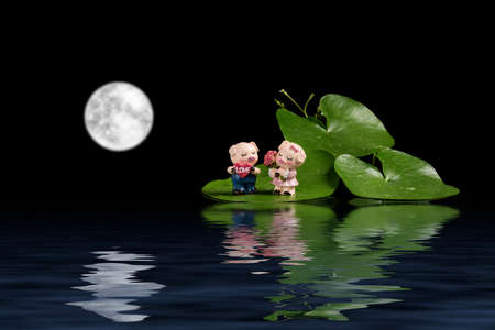 Two little pig dolls under the full moonの写真素材