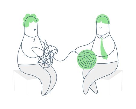 Psychologist and patient. Psychotherapy practice, female psychiatrist consulting patient, psychologist with tangled and untangled brain metaphor. Flat line vector iconのイラスト素材