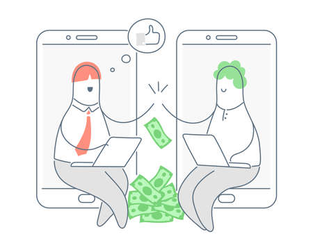 Refer a friend and earn money. Two characters make money sitting in smartphones. Affiliate partnership, cost per action or referral marketing concept. Flat line isolated illustration.のイラスト素材