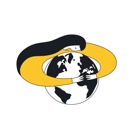 Save the planet, cute girl hugging Earth. Earth Day, ecology activist concept. Flat line hand drawing clean vector illustration.のイラスト素材