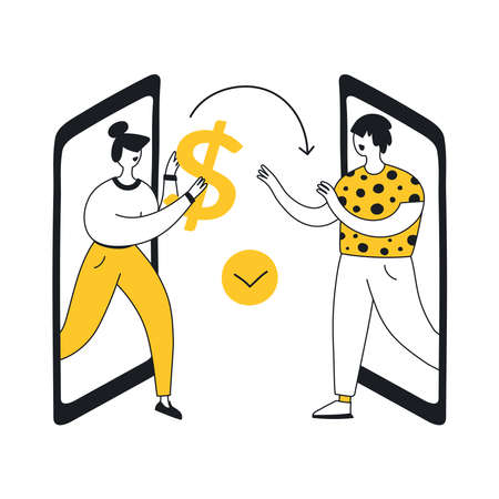 Two smartphones and woman giving giant dollar sign to man. From hand to hand concept, transaction, secure mobile payment, money transfer service, donation. Flat line modern vector illustration icon.のイラスト素材