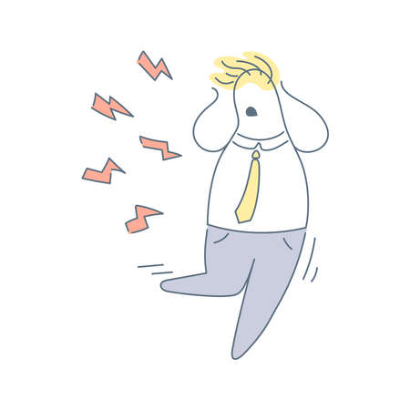 Stressed cartoon business man, stress at work. The man clutching his head runs from lightning, escape from problems. Flat clean line isolated illustration on white background.のイラスト素材