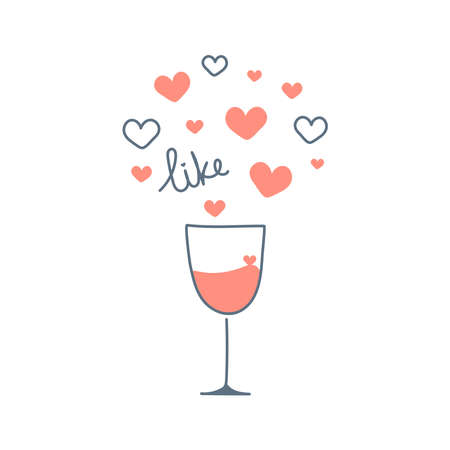 Influence marketing or valentine's day template with metaphor of love. Romantic holiday symbol. Glass of wine full of hearts or likes. Flat thin line vector illustration on white.のイラスト素材