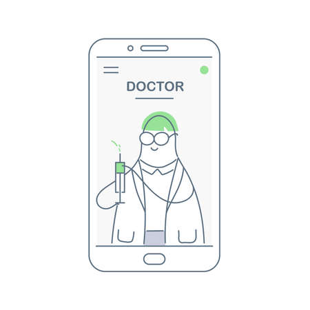 Syringe, doctor with medical injection in hand. Medicine plastic vaccination equipment with needle, syringe for treatment. Health care in hospital concept. Flat line vector on white background.のイラスト素材