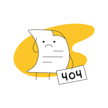 404 error web page, upset sheet of paper with 404 sign in hand. This page is not available now concept. Flat thin line modern vector illustration on white.のイラスト素材
