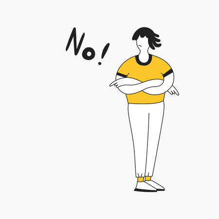 Refusal, cartoon man with folded arms refuse everything. A large No inscription is nearby. Flat thin line vector illustration.のイラスト素材