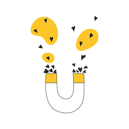 Lead generation. Followers, customers and clients attraction to the business, audience expansion. Magnet attracts hearts. Flat line vector illustration on whiteのイラスト素材