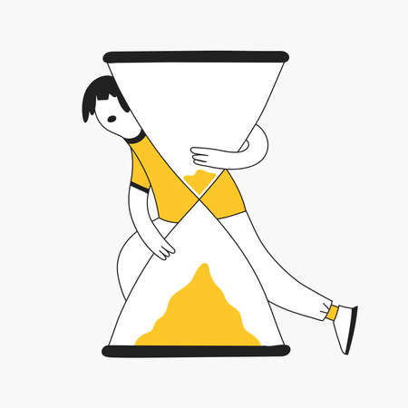 Time management, countdown, time limit or deadline concept. Cartoon man peeps out from behind an hourglass. Modern flat line isolated vector illustration on white.のイラスト素材