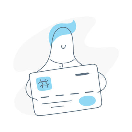 Credit card, financial and payment opportunities concept. Cute happy cartoon man, cardholder holding a bank card. Flat thin line vector illustration on white background.のイラスト素材