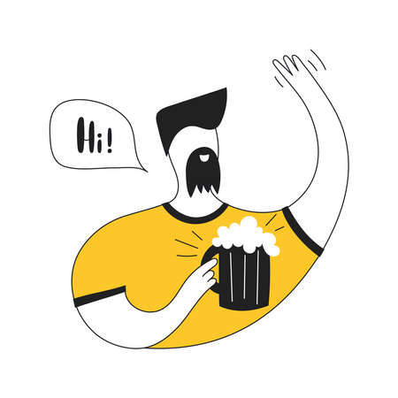 A bearded brutal man with a beer mug says hi. Website welcome page, beer party concept. Flat line modern black yellow vector illustration on white.のイラスト素材