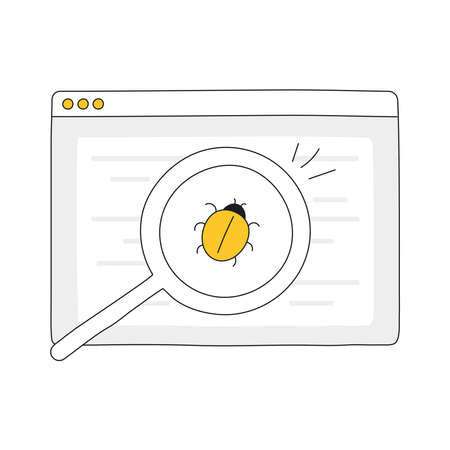Website programming and coding. Bug fixing. Web development, software testing and finding bugs concept. Flat line vector illustration on white.のイラスト素材