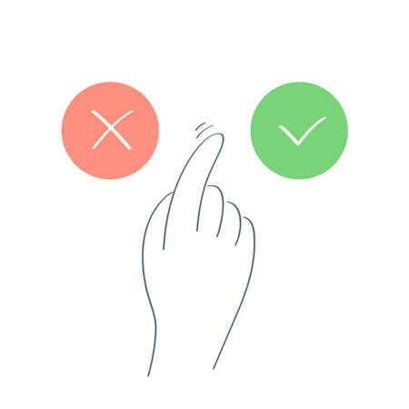 Choice, red X and green tick OK check marks, approval signs design. Test question, dilemma, check list marks, view, choice options, test, quiz or survey signs. Flat line isolated vector on white.のイラスト素材