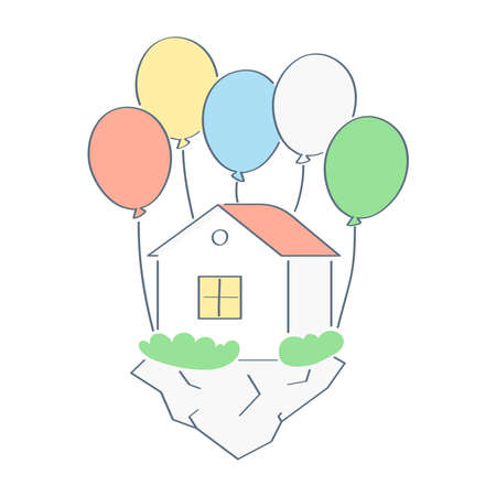 Balloon house, house flies on a bunch of balloons. Travel without leaving home, property as a gift, moving home concept. Flat outline isolated vector icon.のイラスト素材