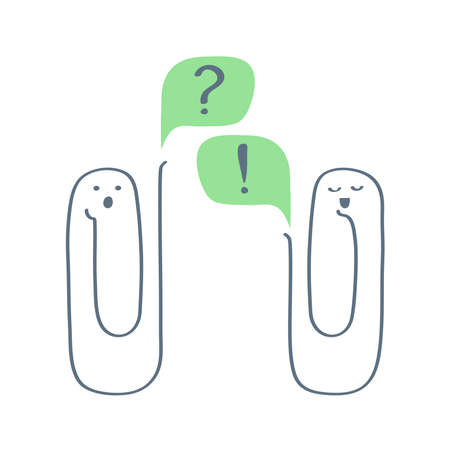 Two paper clips communicate with each other. Question and answer, support, online assistant, online operator help line, help desk concept. Flat outline clean doodle design style, vector illustration.のイラスト素材