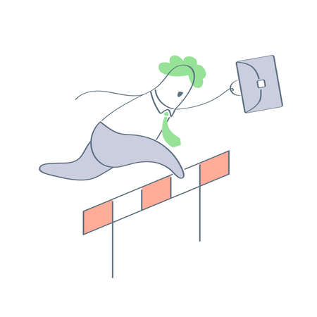 Business hurdler, business competition. Businessman participates in steeplechase, jumping through a barrier. Challenge, problem solving, overcoming challenges. Flat modern linear vector illustration.のイラスト素材