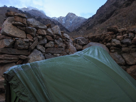 Camping winter in high atlas mountain, Frozen nature, ice and snow, cold landscape, beauty stream. deep mountains Morocco.の写真素材