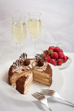 Cake strawberry and Wineの写真素材