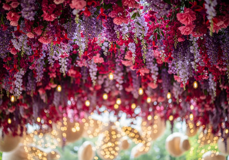 a beautiful floral arrangement of pink, red, and purple flowers hanging with lights for a wedding event decoration or backdrop designの素材
