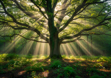 a beautiful scene of sunlight streaming through trees in a forest, creating a magical and serene atmosphere. nature's beauty is on full displayの素材