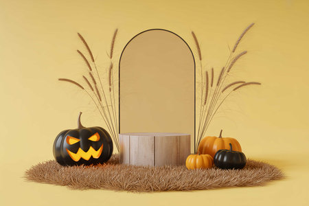 halloween themed product display with pumpkins on a wooden pedestal. perfect for showcasing your products in a festive and seasonal way.の素材