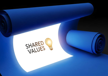 shared values concept with a lightbulb, representing ideas and collaboration. The blue scroll adds a sense of importance and vision.の素材