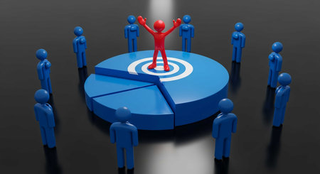 a red figure stands on a blue pie chart with blue figures around it, representing market share, business success, and leadership conceptsの素材