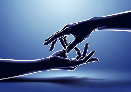 artistic hands reaching illustration concept design graphic digital creative modern abstract blue background visual artwork element symbolの素材