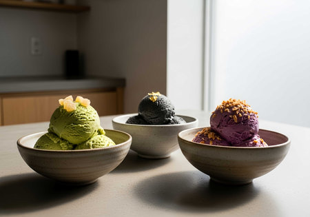 three bowls of ice cream in different colors and flavors, a delicious dessert for a hot day. Perfect for food photography and culinary blogs.の素材