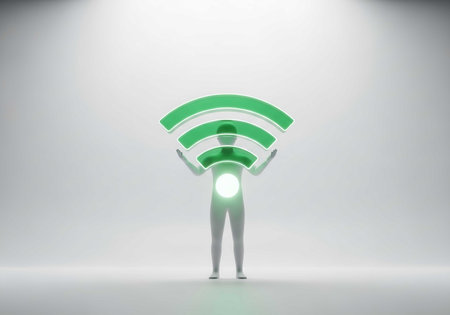 A conceptual image showing a human figure holding a green wifi signal, representing internet connection and wireless technology access.の素材