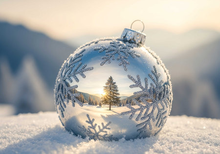 a festive christmas ornament with snowflakes reflecting a winter scene. perfect for holiday cards and seasonal decorations. bright and shinyの素材