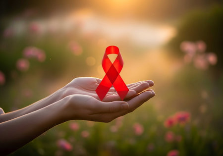 aids awareness ribbon on hands symbolizing support. promoting health and care for world aids day. showing hope and love against hiv.の素材