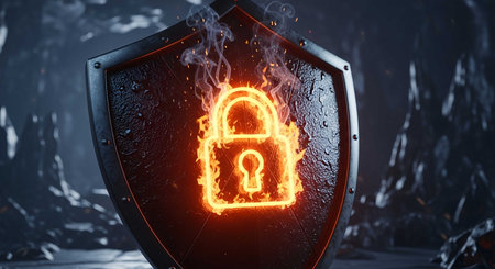 a cybersecurity shield with a lock, representing secure protection and a firewall concept. data and system are safe from online attacksの素材