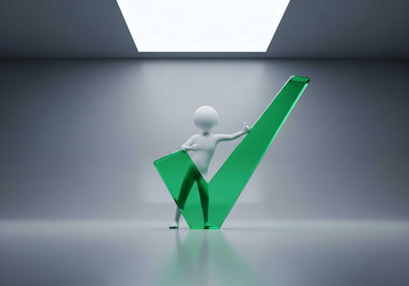 a stick figure is holding a large green check mark, symbolizing success, approval, and a positive outcome in a modern, clean settingの素材