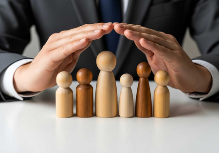 protecting your family with insurance. hands covering wooden figures representing family. security and financial planning for futureの素材