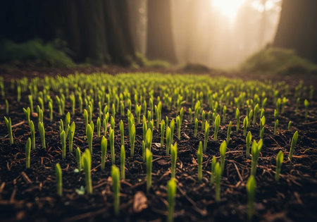 young seedlings emerge from the soil in a forest setting, bathed in morning light, symbolizing new beginnings and agricultural growth.の素材